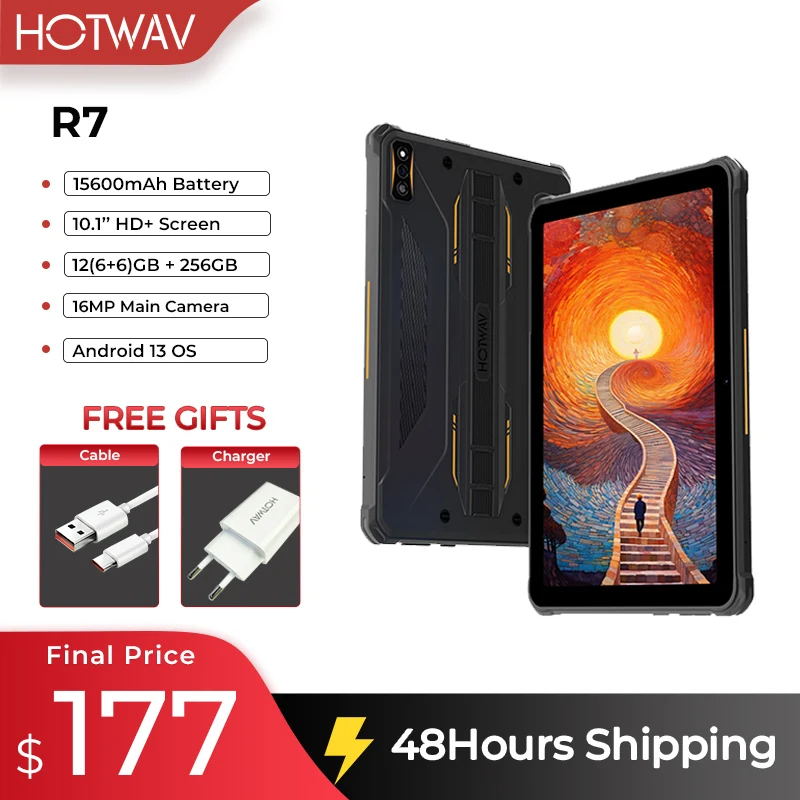 

HOTWAV R7 Rugged Tablets Android 13 10.1 Inch HD+ Display 1600W Main Rear Camera 6GB RAM 256GB ROM 15600mAh 8 Core Tablet PC