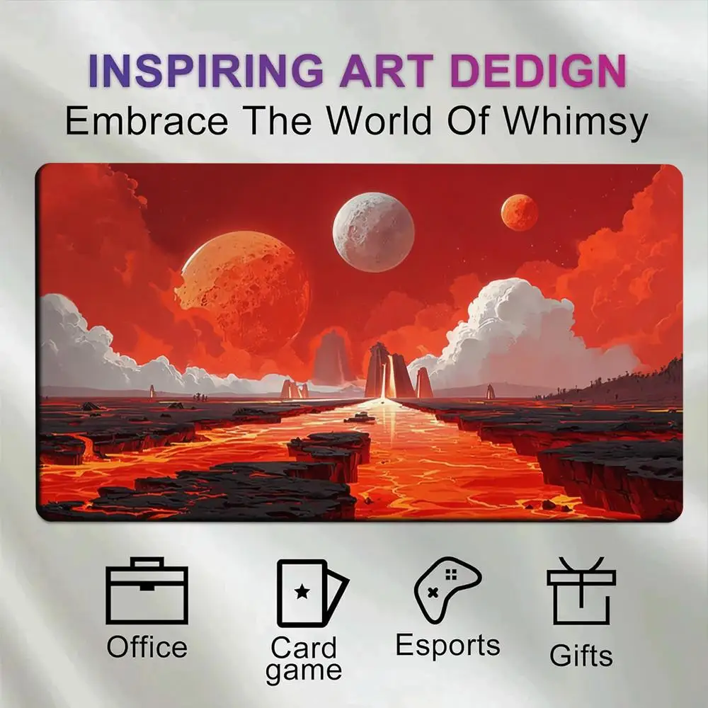Alien Red Lava Planet Sci‑Fi Landscape Playmat Volcanic Lava River Multi‑Moons Outer Space Rubber Large Keyboard Desk Mat TCG