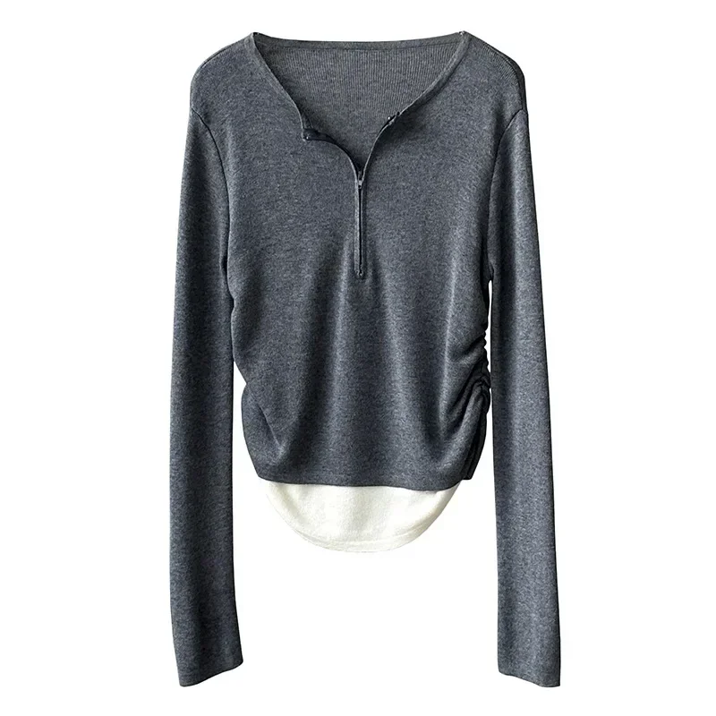 Fake two-piece half-zip pullover T-shirt for women 2024 autumn design bottoming sweater top