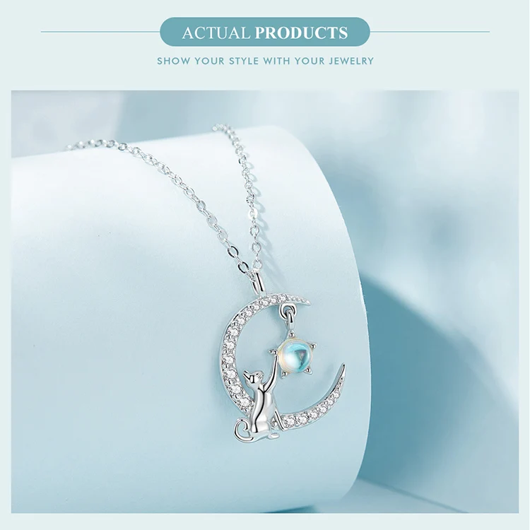 WOSTU 925 Sterling Silver Cute Cat Moon Pendant Necklace For Women, reamy Moonstone Zircon Charm Necklaces Special Gift For Her