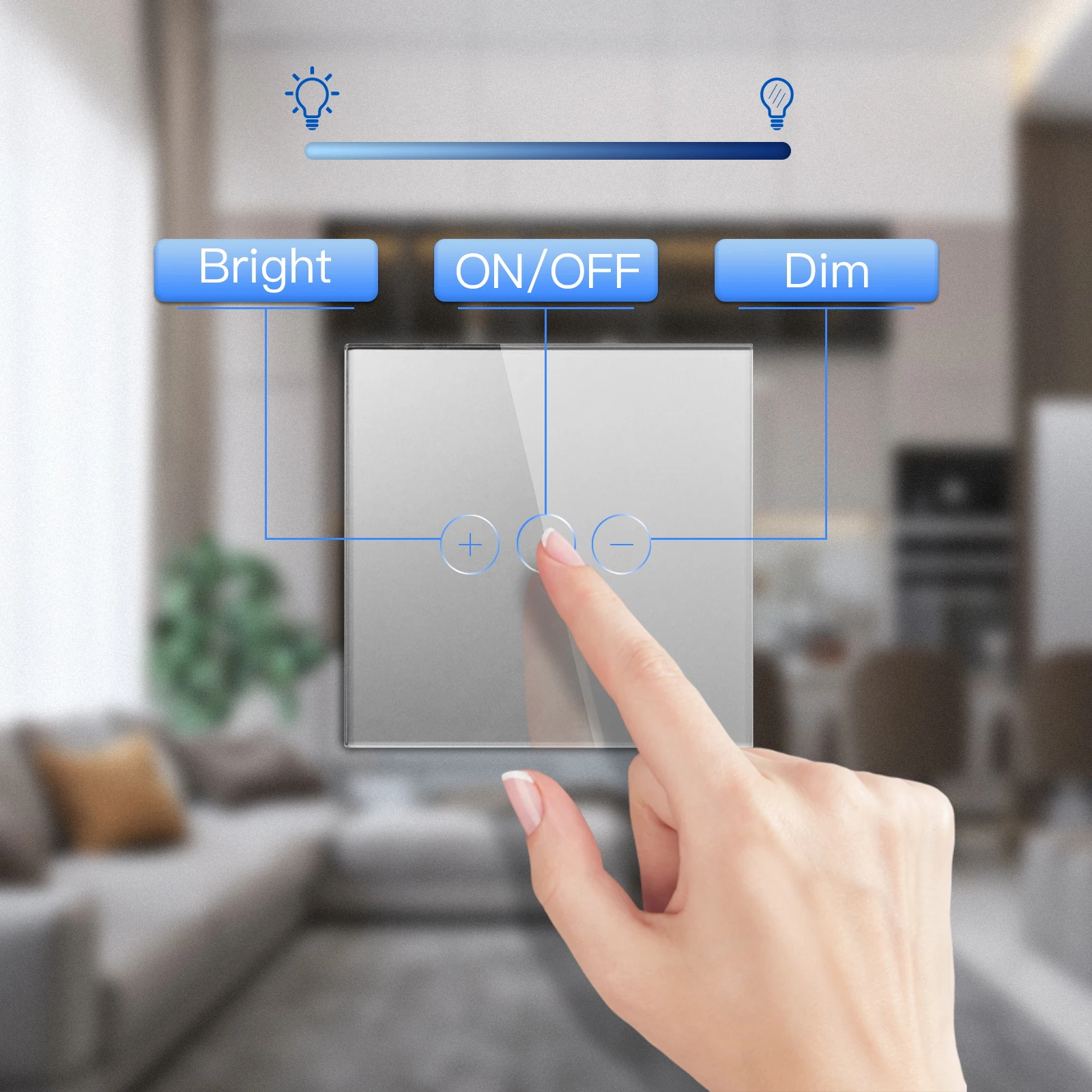 Bseed EU Standard Touch Sensor Dimmer Schalter 1Gang 1Way Kristall Klasse Panel Led Dimmbar Weiß Schwarz Dimmer mit Adapter – Detail 1
