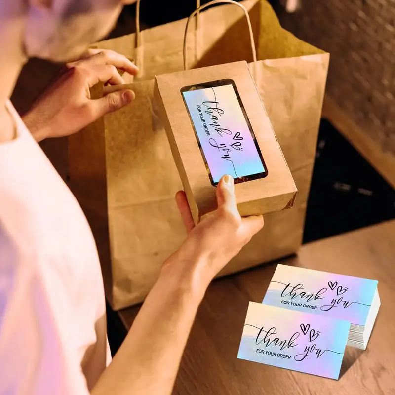 50PCS การ์ดอวยพรที่มีสีสัน Holographic ขอบคุณการ์ดสําหรับของขวัญ E-commerce ขอบคุณหมายเหตุธุรกิจการ์ดอวยพร Appreciate Cus