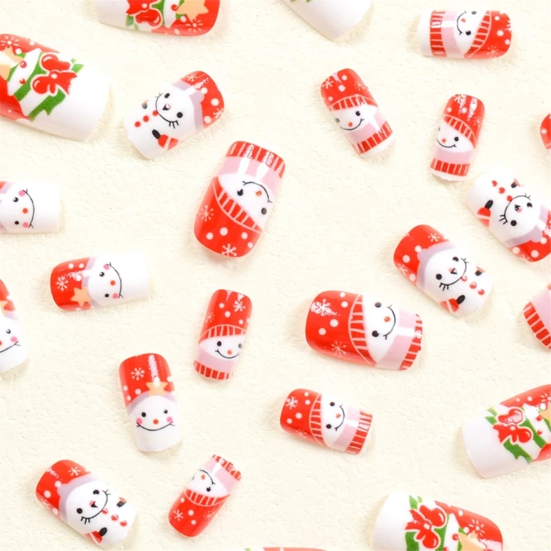 24 Pcs Snowman False Nails Christmas Full Cover on Nails Square Press On Nails Manicures Supplies for Winter