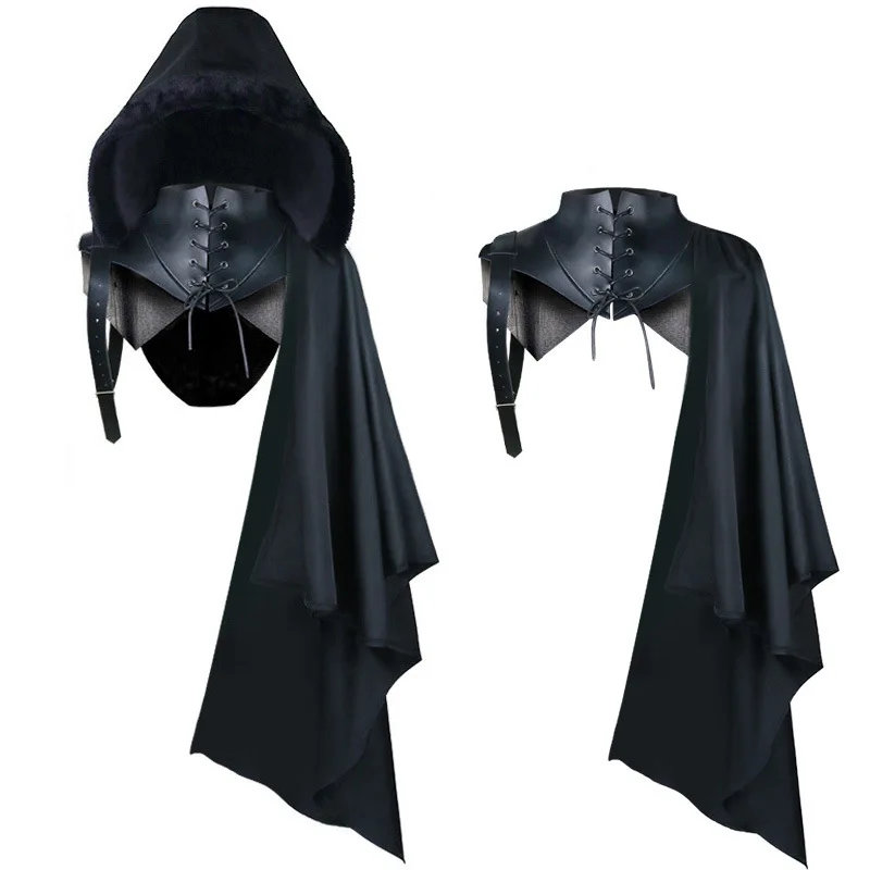 Men Medieval Gothic Hooded Cape Harness Set Vintage Warrior Shoulder Armor Cosplay Accessory For Halloween Carnival Theme Party view 5