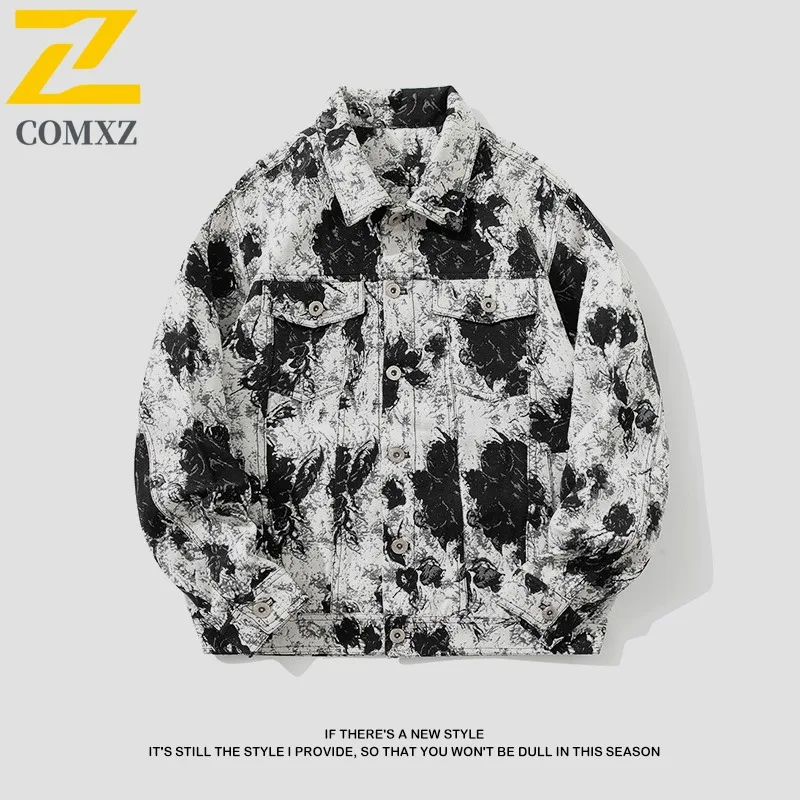 

COMXZ Men Jacket Vintage Blue Lotus Embroidery Lightweight Hiking Travel Outdoor Windbreaker Coat Casual Korean Fashion Jacket