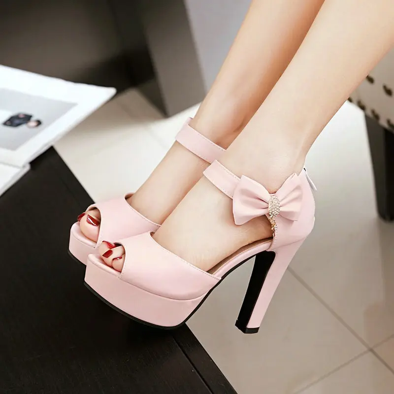

Peep Toe Pink Purple Sweet Woman Summer Shoes with Bowtie Knot for Party Plus Size 43 44 Platform Thick Block High Heel Sandals