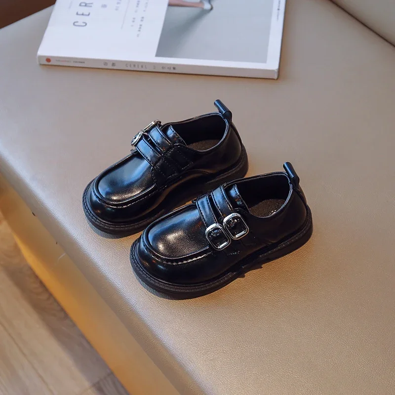 Boys Uniform School Shoes Double Buckle Simple Black Spring 2023 New Soft Casual Kids Fashion Girls Child Leather Shoes Classic