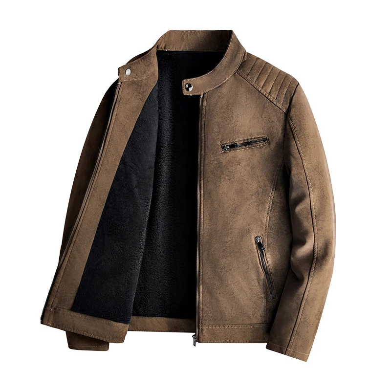 

Мужская кожаная куртка с 3D-кроем и флисовой подкладкой, корейский стиль, приталенная, модная, байкерская, с воротником-стойкой, повседневная верхняя одежда