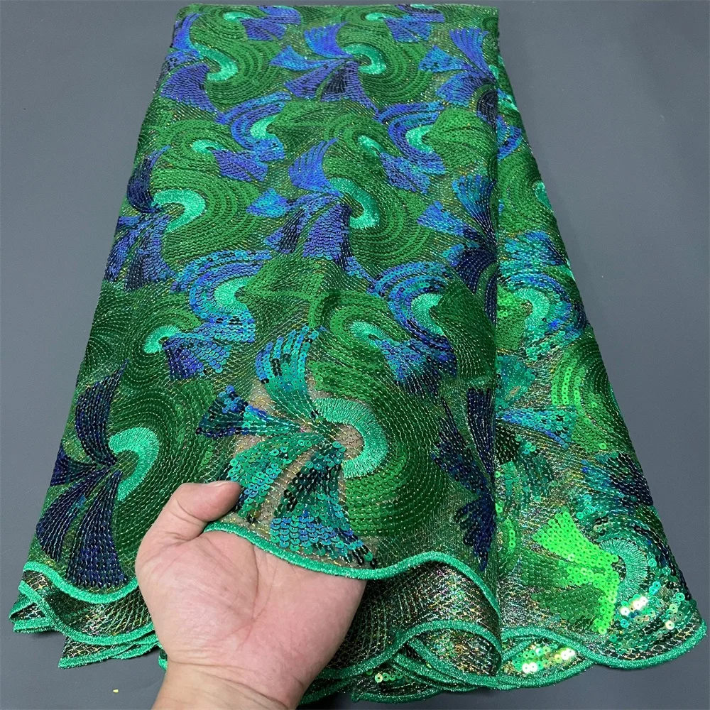2023High Quality African Nigerian Latest Tulle Lace Fabric With Embroidery Sewing Guipure Organza Prom Dresses Sequins5Yards