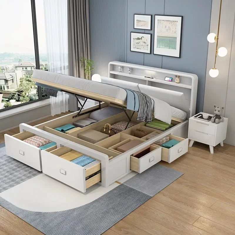 Nordic light luxury solid wood bed master bedroom 1.8 meters double bed modern simple small apartment high box drawer