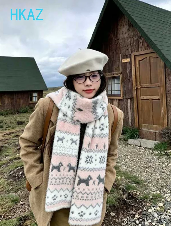 Sweet and Cute Printed Knitted Scarf for Women's Autumn Winter New Thickened Warm Cold Windproof Student Neck Scarves