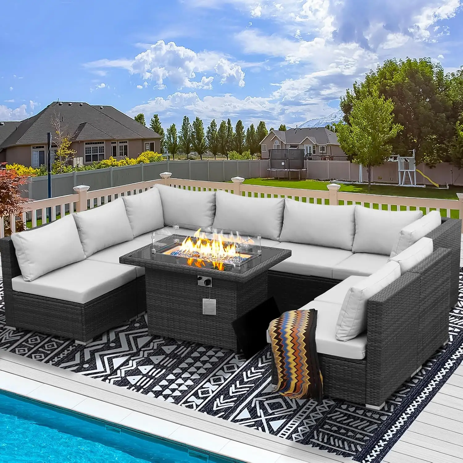 

9 Piece Wicker Patio Furniture Set With Fire Pit, All-Weather Outdoor Sectional Couch High Back Large Size, Modular, Customized