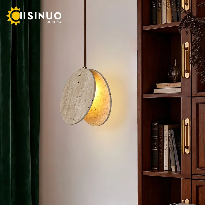 Mid‑Century Rotatable Disc Travertine Pendant Light Handcrafted Natural Stone LED Hanging Lamp Minimalist Wabi‑Sabi Ceiling Ligh