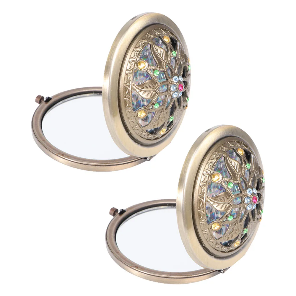 

2 Pcs Retro Vanity Mirror Handheld Mini Double-sided Portable Folding Makeup Compact Travel Lightweight Outdoor