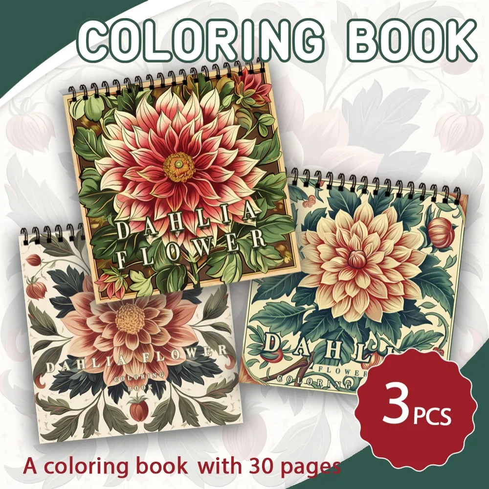 3 pcs, Vintage Floral Adult Coloring Book, 8.3 x 8.3 inches, 30 pages per book - 100 gsm paper, Birthday or Holiday Gift