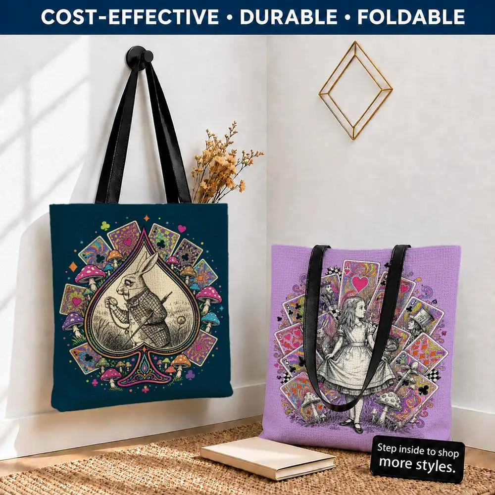 Bolsas de almacenamiento psicodélicas de Alicia en el País de las Maravillas, bolso de lona de poliéster, bolsa de compras reutilizable, ligera, plegable, correas para los hombros