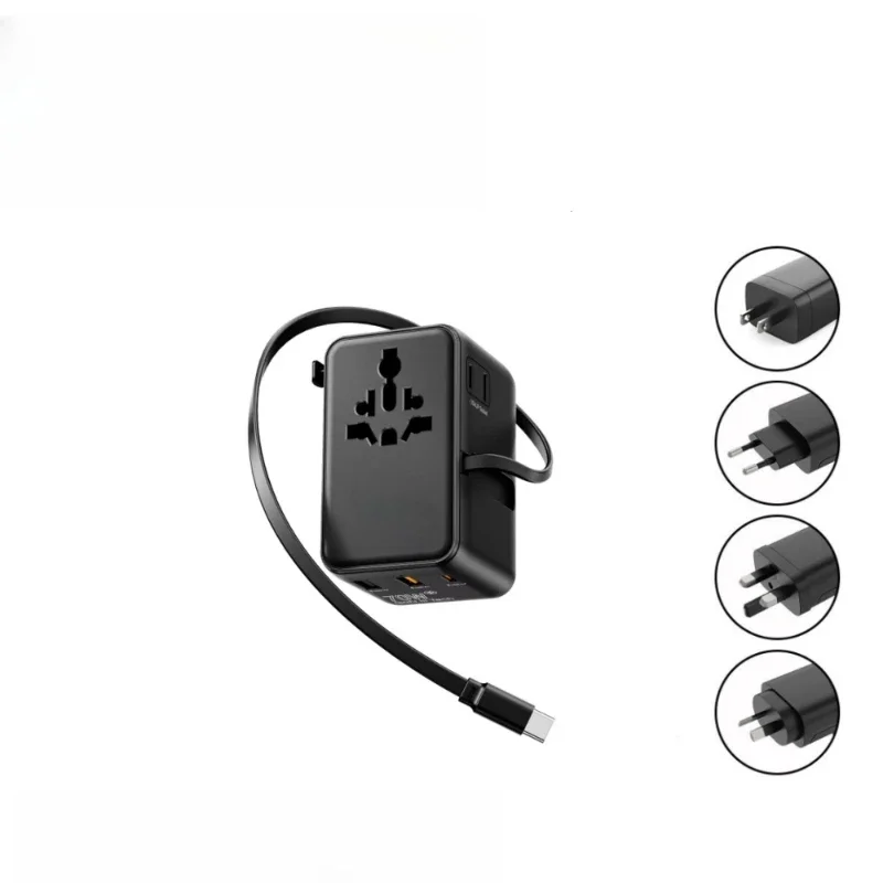 

All-in-one world travel adapter fast charger for laptops, phones, cameras and headphones with integrated cable