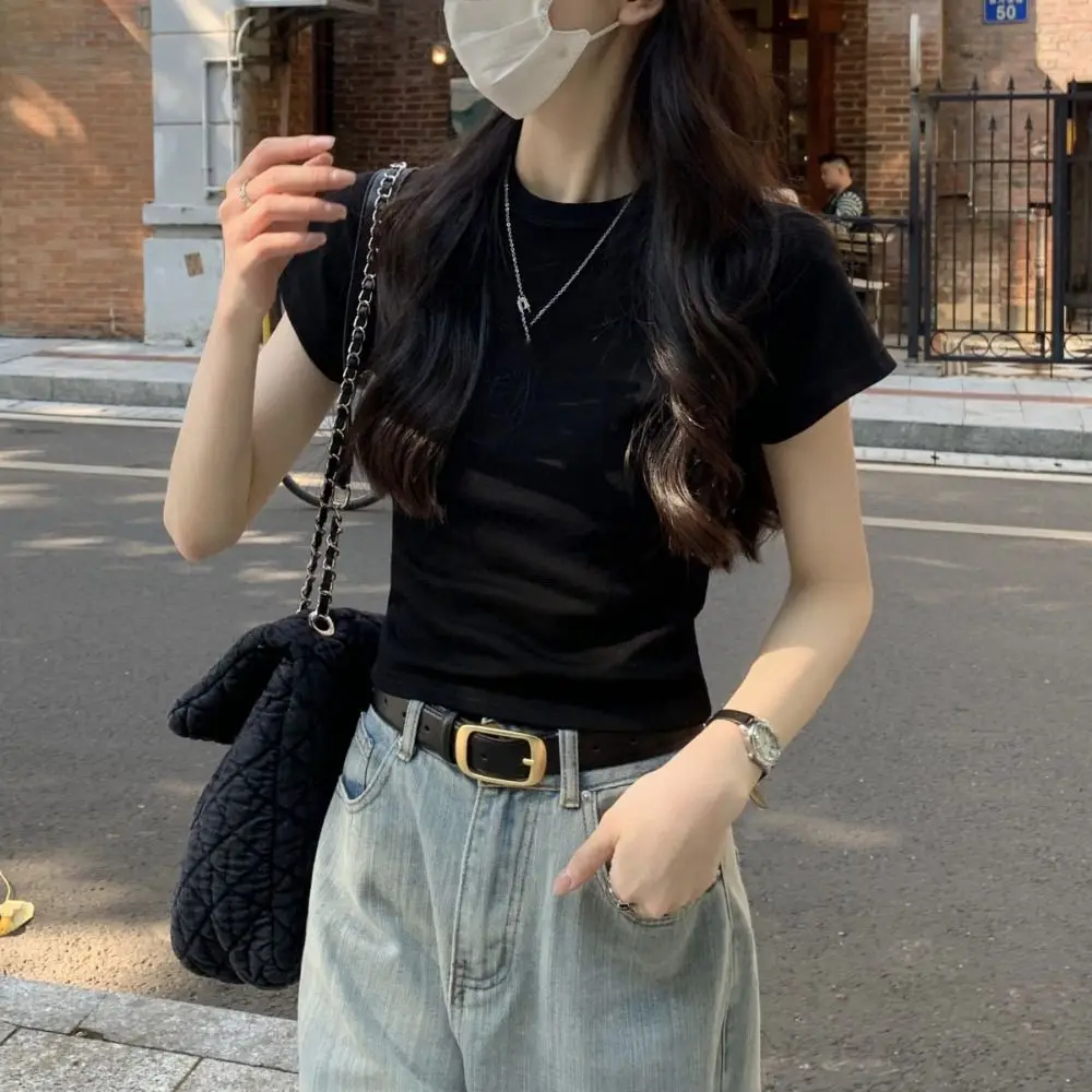 

Fashion Solid Color Short Sleeve T-shirt Slim Fit Sweet Y2K Crop Top Korean Style Chic Tees Shirts Women Summer
