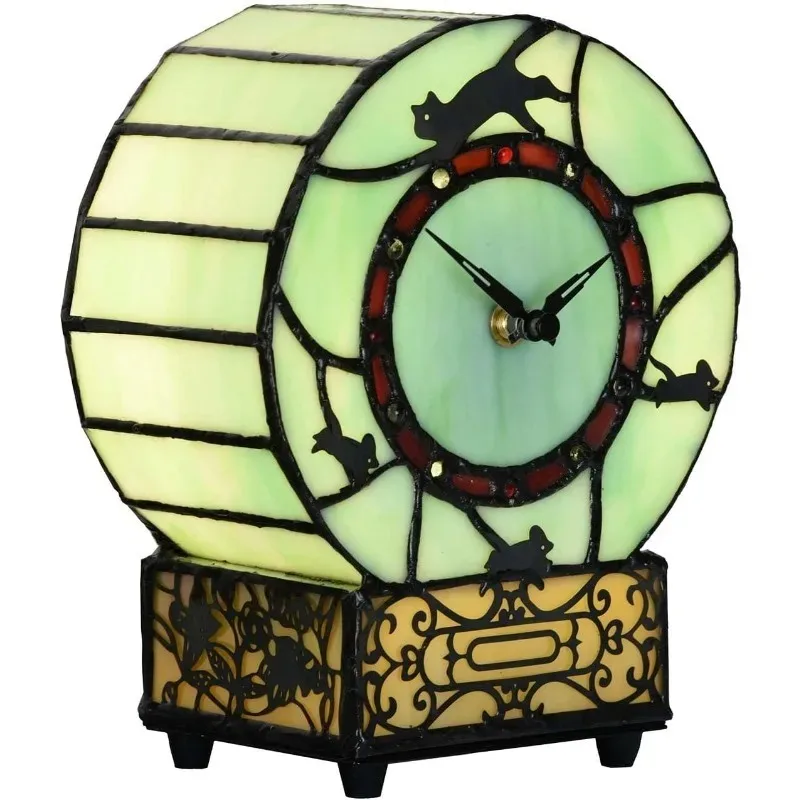 

L10970 Cat and Mouse Style Stained Glass Desk Clock Table Lamp for Home Decor (Green)
