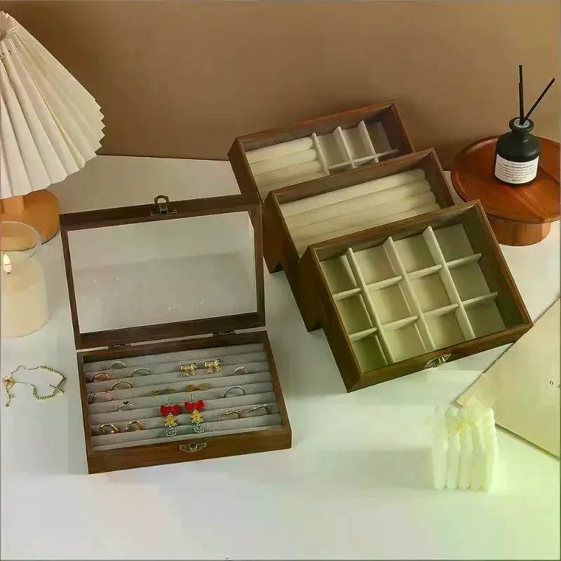 

Retro Walnut Wood Color Jewelry Storage Box With Cover Dustproof Ring Earring Bracelet Organizer Jewelry Box