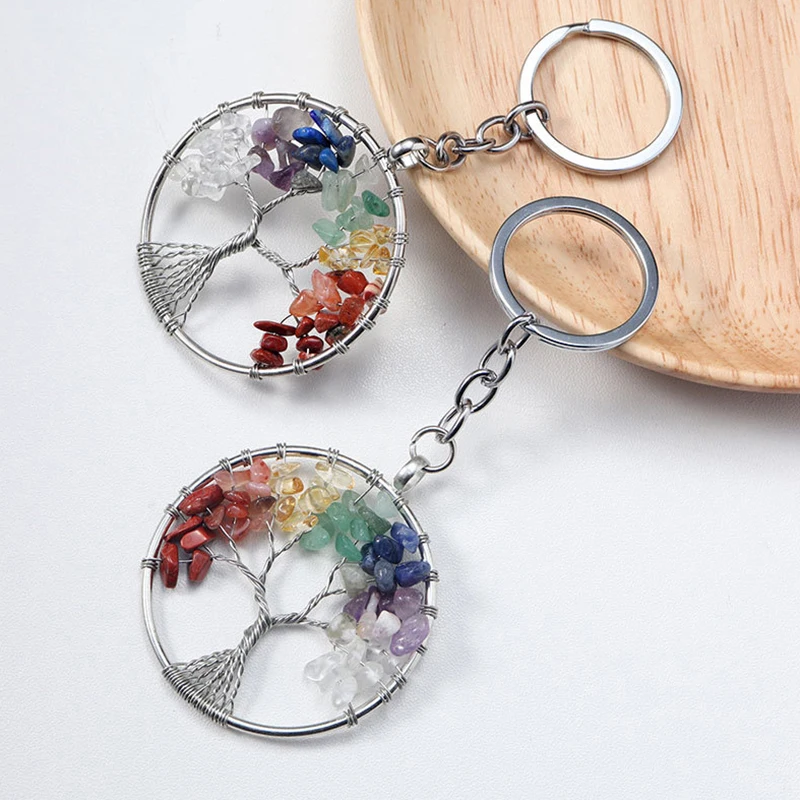 Fashion Tree Of Life Keychain 7 Chakra Round Shape Women Handmade Healing Natural Stone Key Ring Jewelry For Key Charms