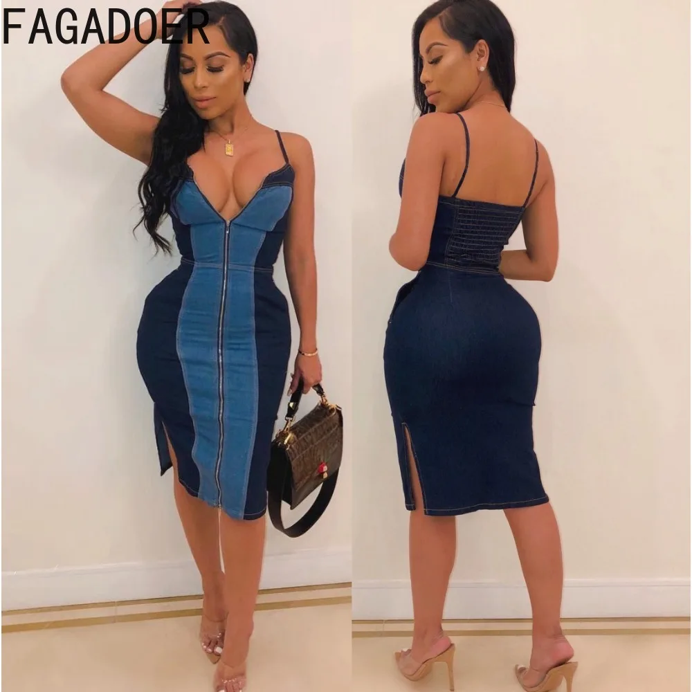 

FAGADOER Sexy Denim Patchwork Zipper Bodycon Suspenders Dress Women Deep V Sleeveless Slit Vestidos Fashion Cowboy Streetwear