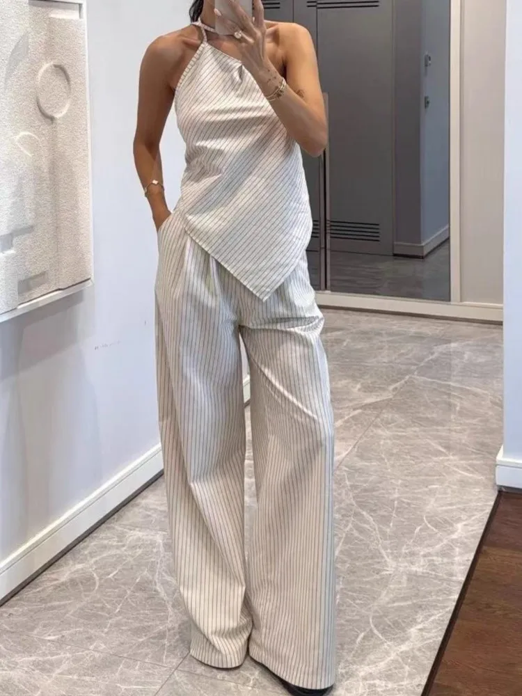 

New One-shoulder Strap Striped Irregular Top Wide-leg Trousers Two-piece Set Women's Spring And Summer Sexy Backless Pants Set