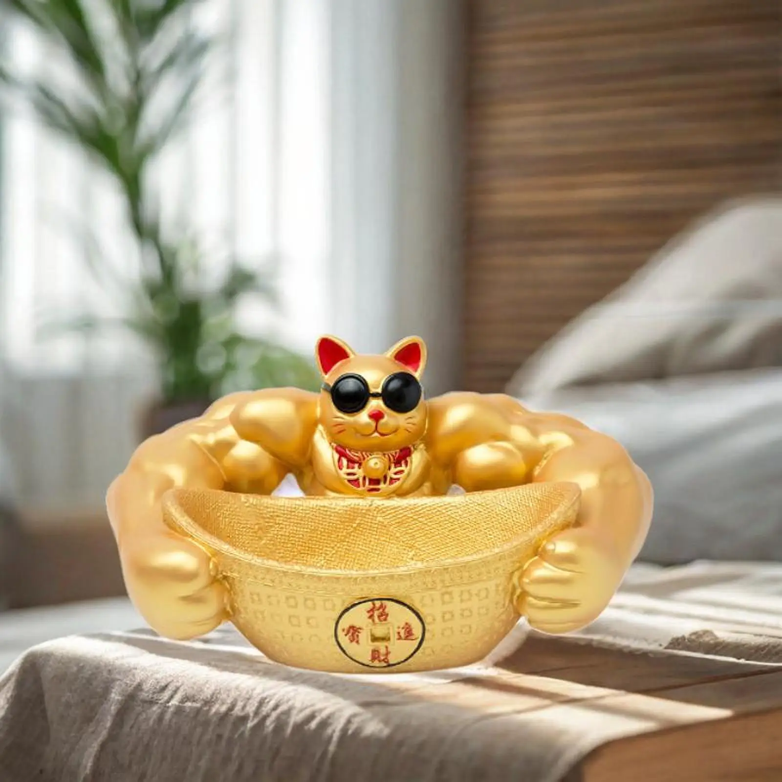 

Фигурка кошки-талисмана с мускулистыми руками для современной полки, магазина, столешницы