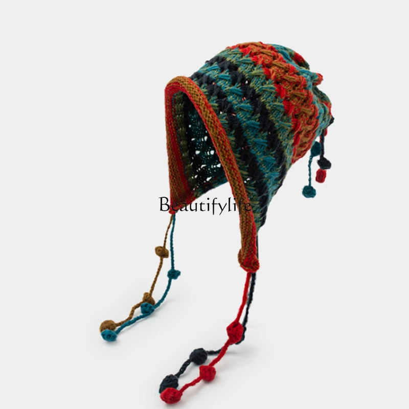 Tassel Woolen Cap Women's Autumn and Winter Warm Color Matching Face Small Knitted Earflaps Head-Wrapping Hat