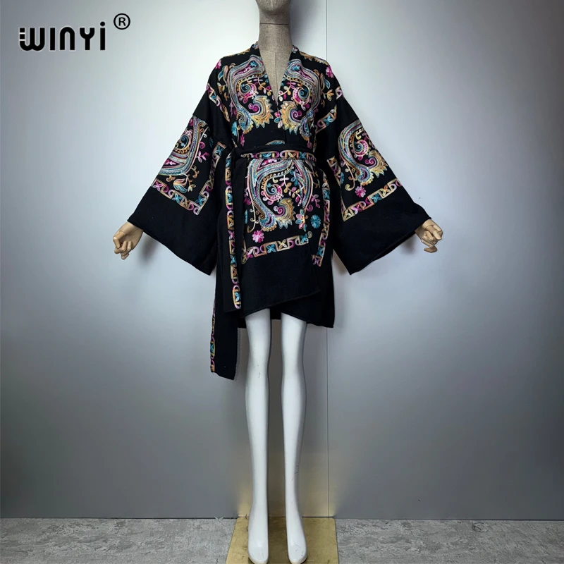 WINYI retro embroidery cardigan Africa muslim women clothes  coats abaya poncho for women cape dress with belt holiday kaftan