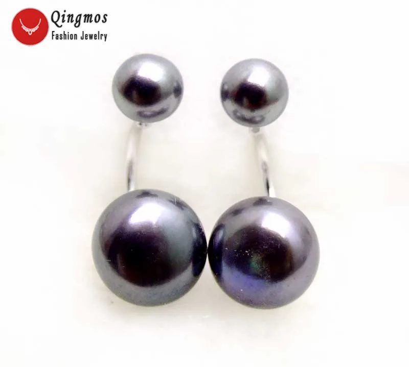 Qingmos Front Back Natural Pearl Earrings for Women with 8-11mm Black Flat Round Pearl Double Sided Earring Stud Earring Jewelry