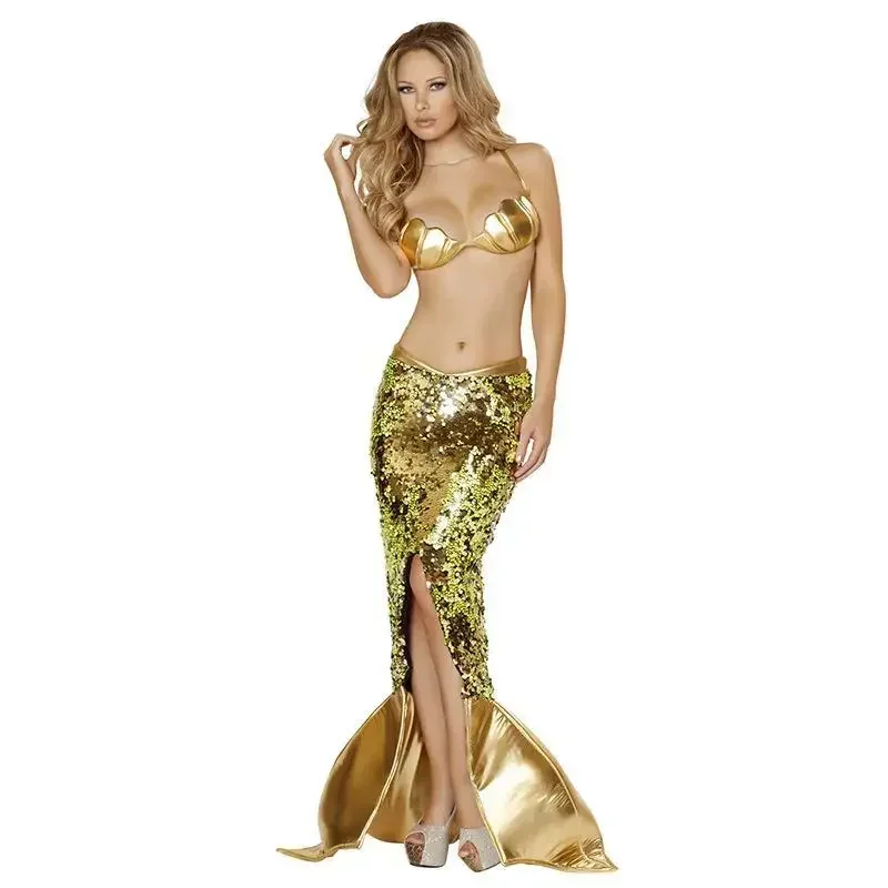 مثير ليتل ميرميد زي المرأة الذهب الصدرية حورية البحر ذيل مطرزة تنانير طويلة أنيمي ارييل تأثيري فستان الأميرة مجموعة هالوين E