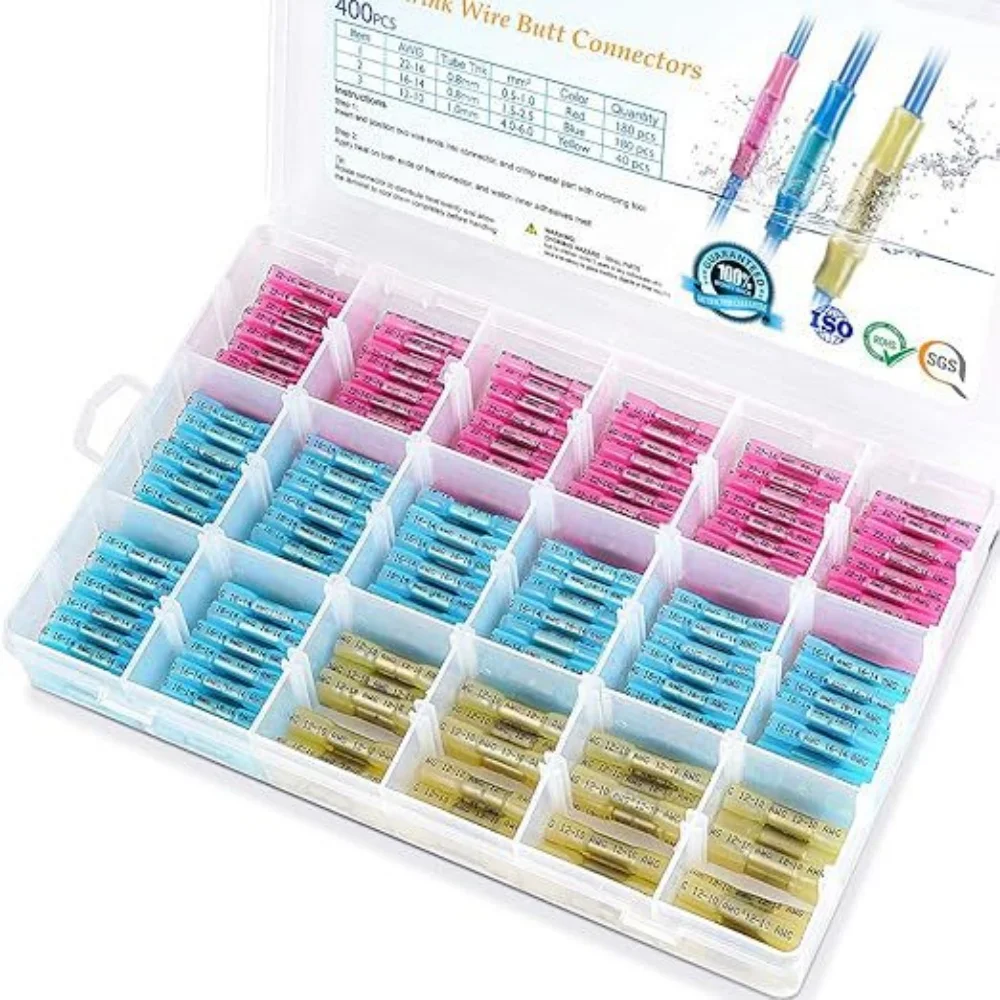 400PCS Waterproof 3 Szies Red, Blue, Yellow 22-10 AWG Heat Shrink Butt Wire Connectors Automotive Crimp Terminals Kit