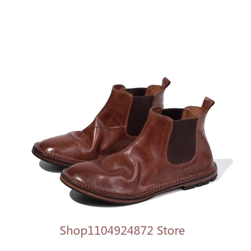 English Style Vintage Men Chelsea Boots Genuine Leather Ankle Boots Handmade New Style High-top Leather Shoes