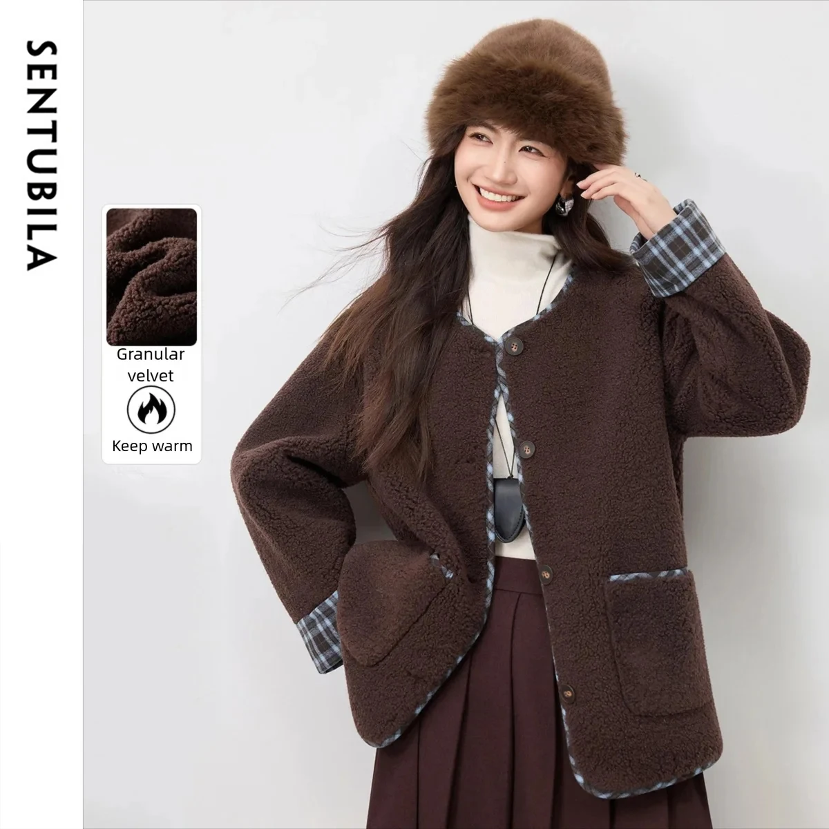 

SENTUBILA Women's Retro Style Coat 2026 Winter Plaid Contrast Color O-Neck Flanged Sleeve Jacket Warm Fashion Top 154WJ4072