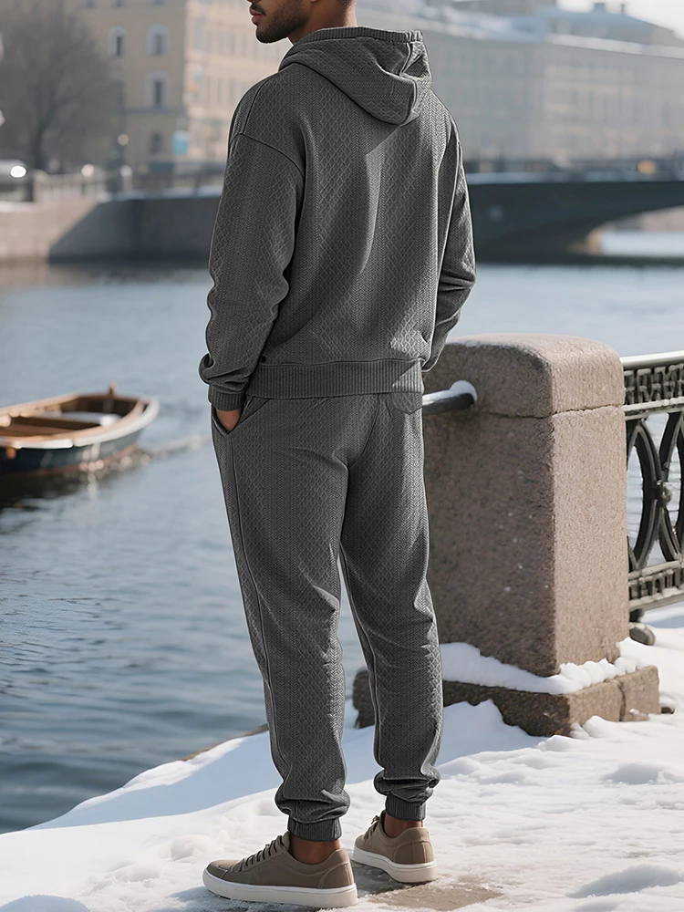 Chándales para deportes al aire libre para hombre, sudaderas con capucha y pantalones de manga larga con textura a la moda, trajes de dos piezas, trajes informales para Otoño e Invierno para hombre