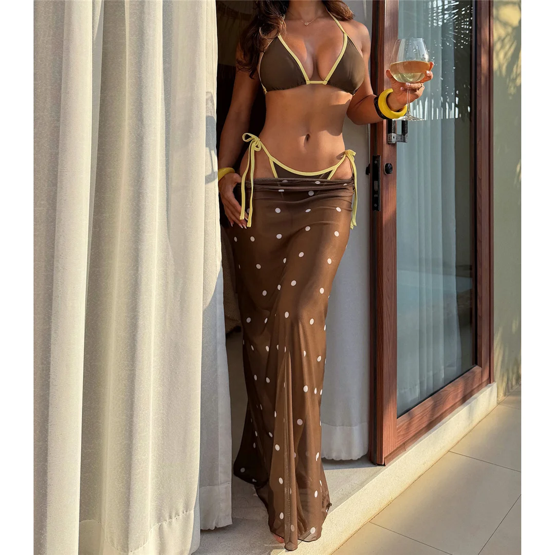 

With Polka Dot Skirt Halter Bikini Female Swimsuit Women Swimwear Three-pieces Bikini set Padded Bather Bathing Suit Swim SW775