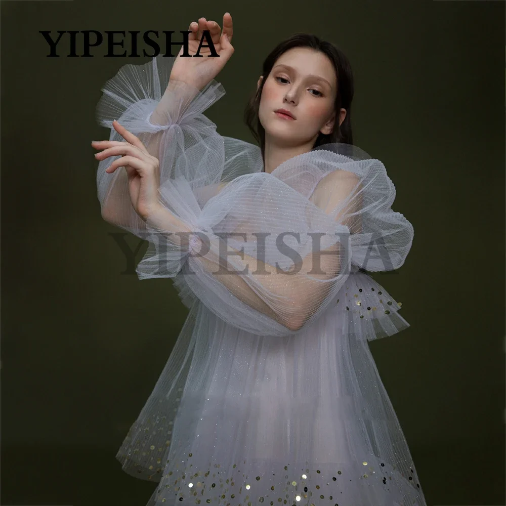 Customized Square Collar A-Line Prom Gown Tiered Sequined Long Sleeve Mini Lavender Cocktail Party Dresses Robes De Soirée فساتي