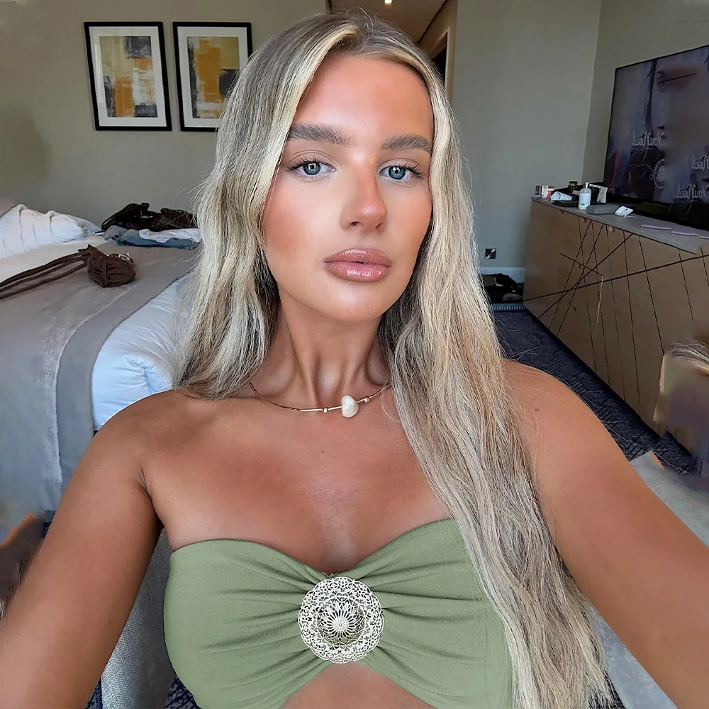 2025 Zomer Hot Pittige Hot Girl Stijl Sheer Strapless Jurk Elegante Effen Kleur Taille-Knipperende Jurk met Lint voor Feestkleding