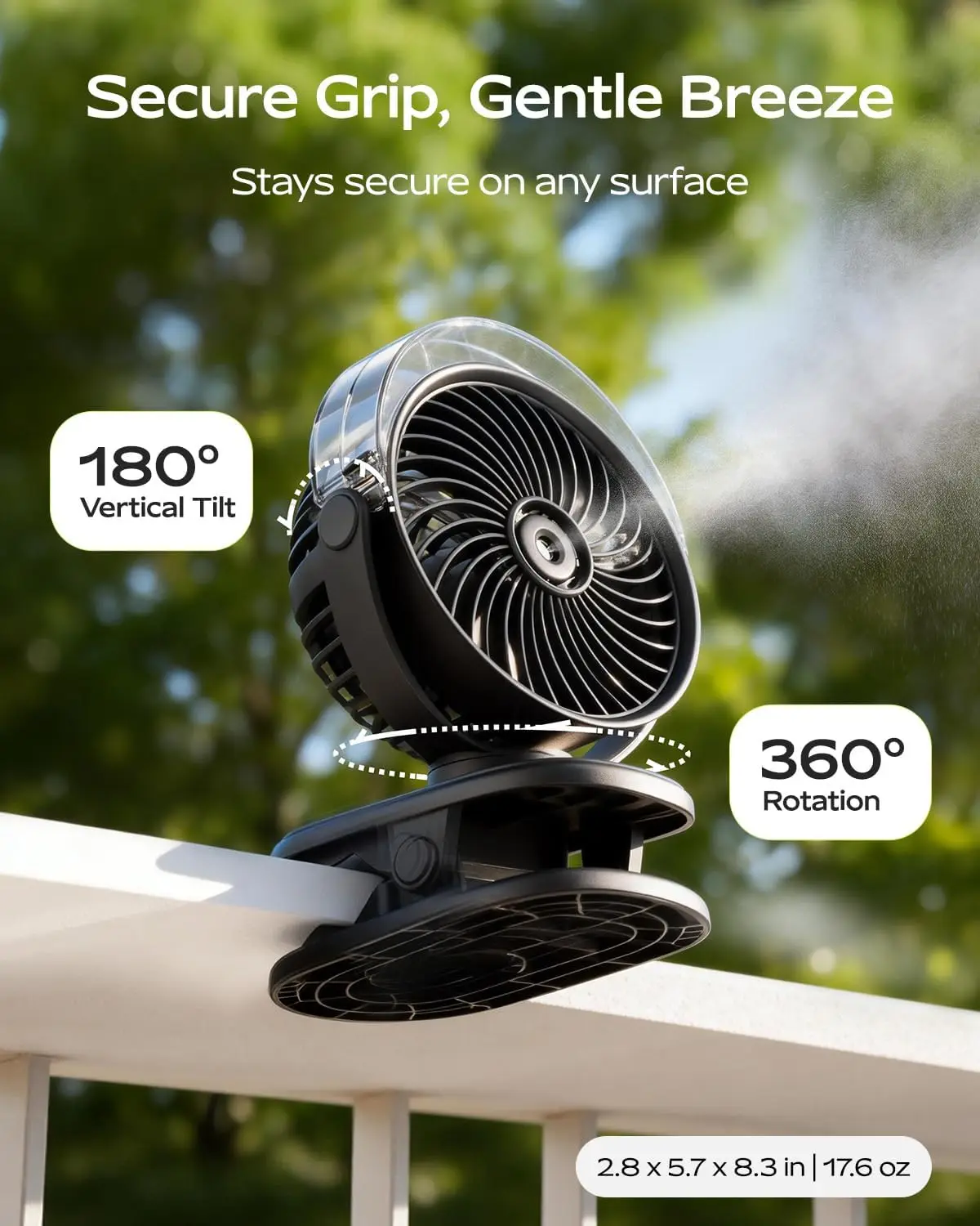 Car Portable Misting Clip On Fan, USB-C Rechargeable Mini Personal Cooling Fan With 4 Speeds, 360° Rotatable, Quiet Coolin