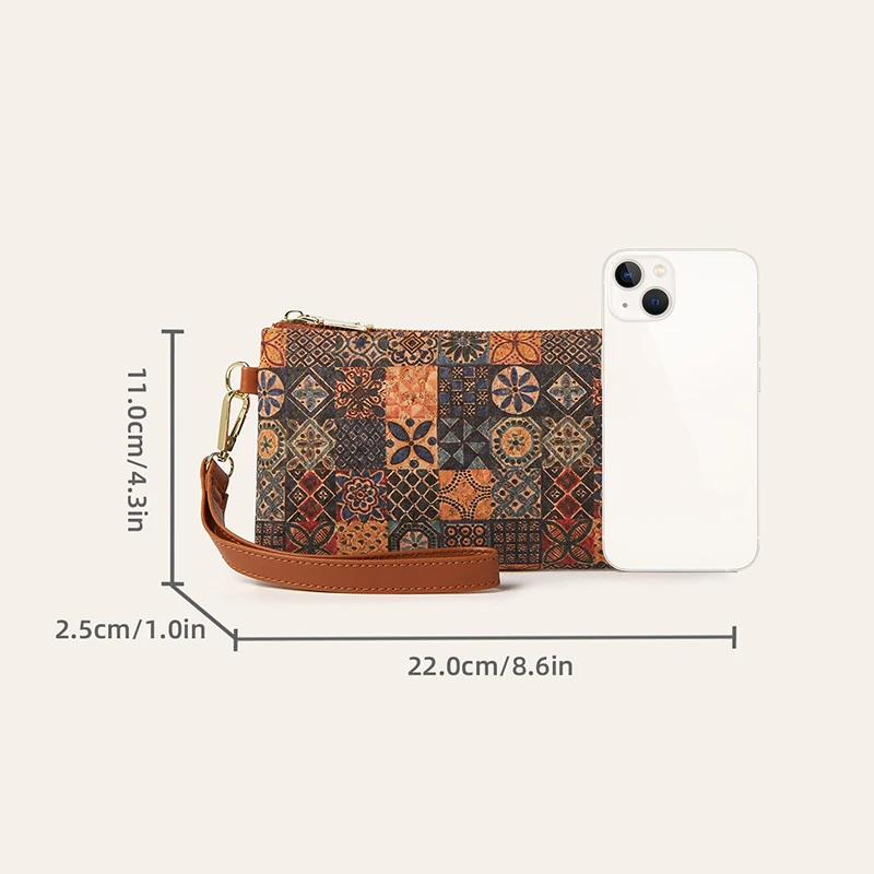 Retro Long Wallets Women Cork Leather Flower National Print Large Capacity Coin Purse for Outings Everyday use Bohemian Style