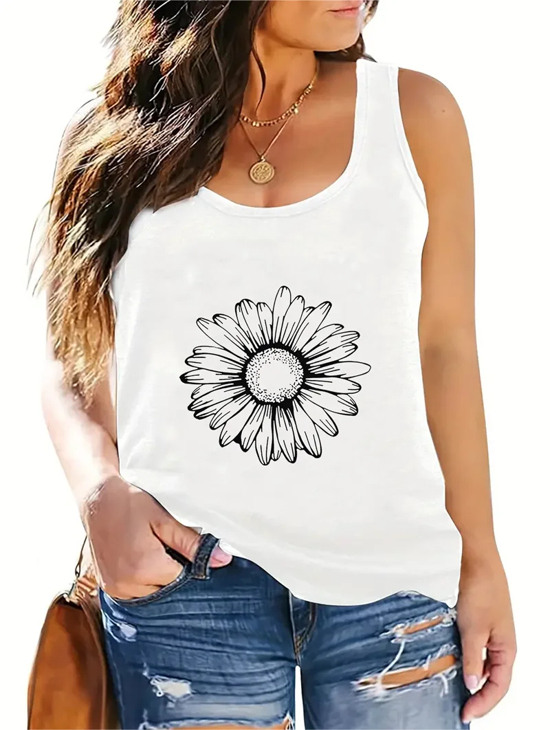 

Custom design logo Simple little Daisy print Street fitness loose comfort home multi-purpose women narrow shoulders back heart