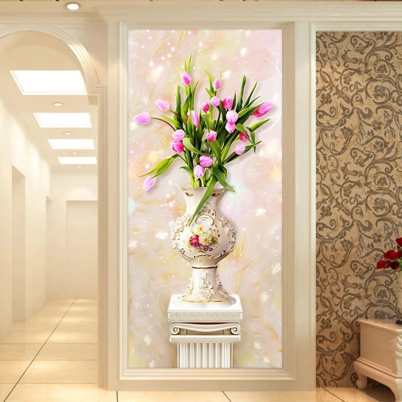Customized product 3D Stereo Relief Jade Tulip Vase Wallpaper Roman Column Entrance Mural Living Room Hotel European Style mural