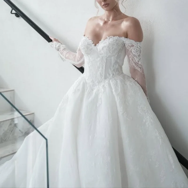 

Satin White Appliques Wedding Dresses off-shoulder A skirt long sleeves glitter decal Long tail Bridal Gowns Made Customized