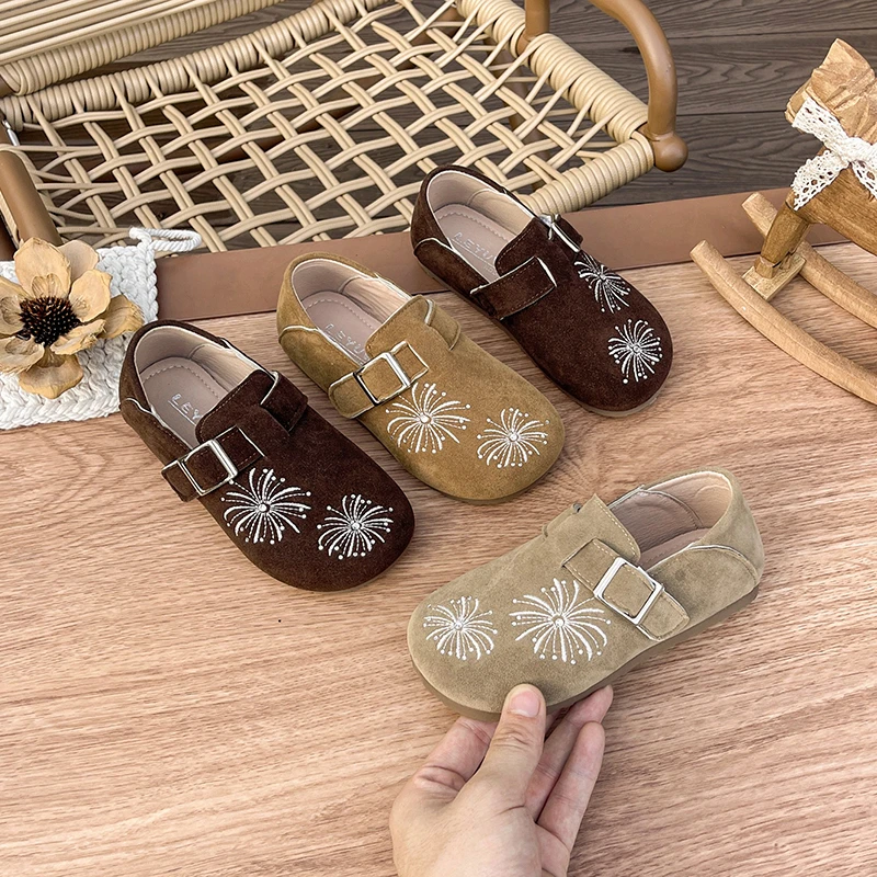 Toddler Kids Retro Suede‑Effect Loafers, Firework Embroidery Adjustable Strap Soft‑Sole Casual Fall Flat Shoes