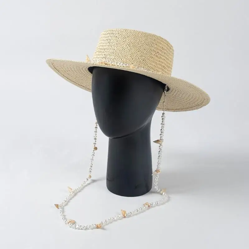 31BB Womens Straw Sun Hat 3in Wide Brim Beach Hats Beaded String Summer Hat for Vacations Photo Props Accessory