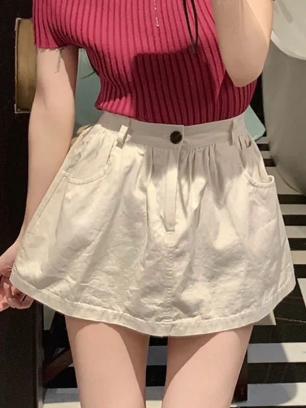

White A-Line Skirt High Waist Women's Summer New Style Commute Polyester Fiber Silk Glossed Inner Lined Anti-Light