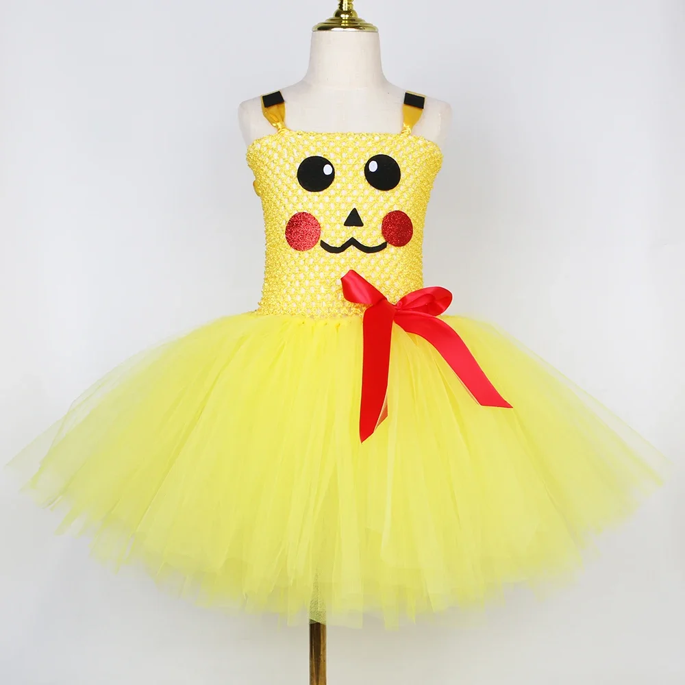 Pocket Monster Pikach Costume for Girls Yellow Cartoon Tutu Dress Cosplay Anime Halloween Costumes for Kids Carnival Party Dress