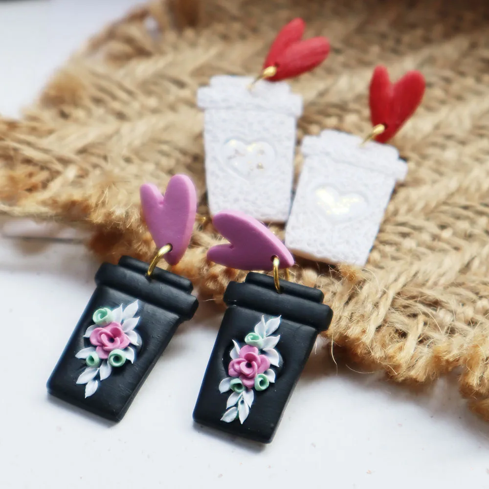 Polymer Clay Dangle Earrings Women Handmade Valentine's Day Heart Drop Earrings Hollow Milk Tea Cup Earring  Jewelry Accessory