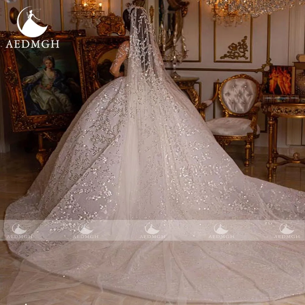 Aedmgh Ball Gown Royal Wedding Dresses 2024 Sweetheart Long Sleeve Robe De Mariee Lace Sequined Glitter Luxury Vestido De Novia